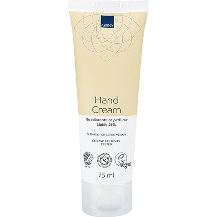 ABENA Handcreme, Schnell einziehende & nährende Handpflege, Duftfreie Formel, Geeignet für alle Hauttypen, Angereichert mit pflanzlichen Ölen für intensive Feuchtigkeit, 75ml.