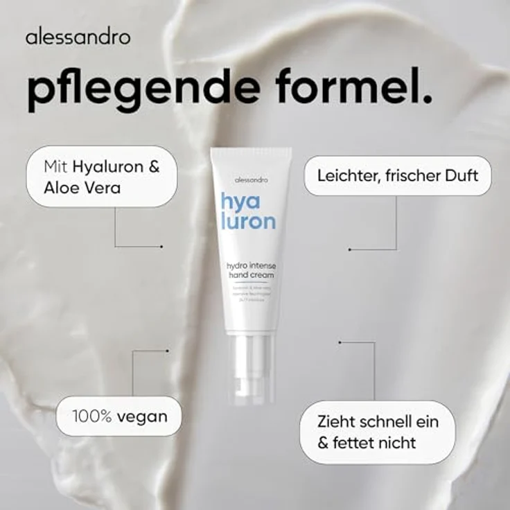 alessandro Hyaluron Hydro Intense Hand Cream, intensiv pflegende Handcreme mit Hyaluron & Aloe Vera, schnell einziehend, für normale & trockene Haut, vegan, 50 ml – Bild 4