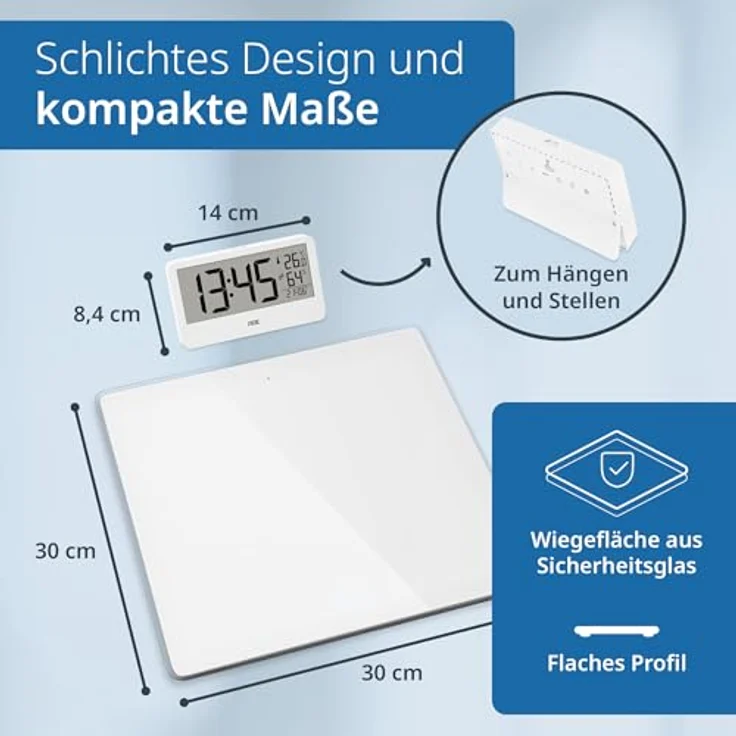 ADE Digitale Personenwaage Ronja, Funk-Display bis 180 kg, ablesbar auf Augenhöhe, mit Baduhr, Hygrometer und Innenthermometer, weiß – Bild 5