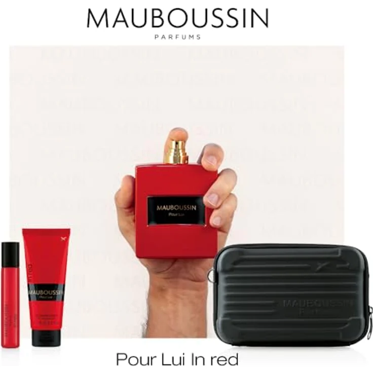Mauboussin - Prestige 2024 Pour Lui In Red: Eau de Parfum 100 ml, Duschgel 75 ml, Travel Spray 20 ml & Umhängetasche, holzige und würzige Duftnoten – Bild 3
