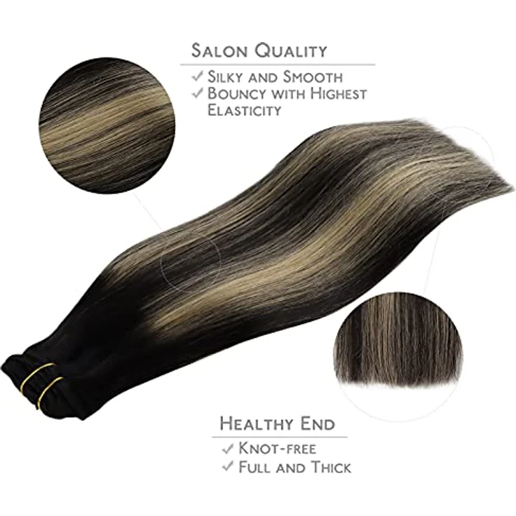 WENNALIFE Clip in Extensions Echthaar, 55cm 22 Zoll, 120g, 7pcs, Balayage Schwarz bis Hellblond, Remy Haarverlängerung – Bild 4