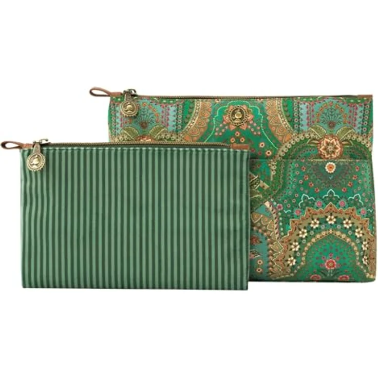 PIP Studio Caryn Kosmetiktasche Jabali 2er Set, geräumig und stilvoll im grünen Polyestersamt mit afrikanischem Blumenmuster – Bild 1