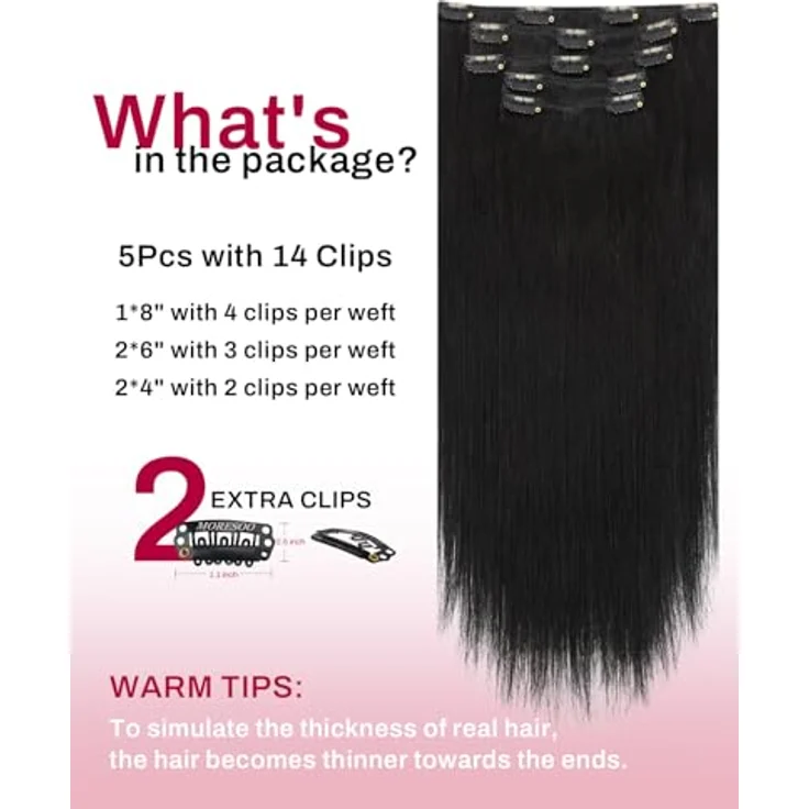 Moresoo Clip-In Echthaar Extensions, Seidig Glatt, 30 cm, 80g, Schwarz #1B, 5 Stück, Leicht und Bequem, Volumen Verstärkung – Bild 3