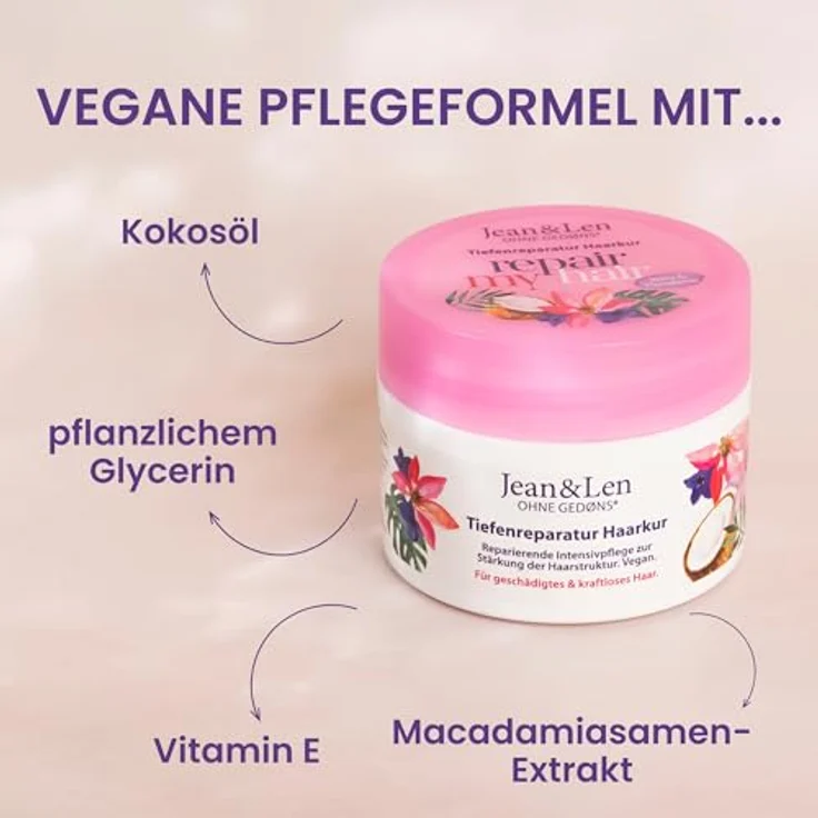Jean & Len Tiefenreparatur Haarkur Kokosöl & Macadamia, für stark geschädigtes Haar, vegan, ohne Parabene und Silikone, 250ml – Bild 2