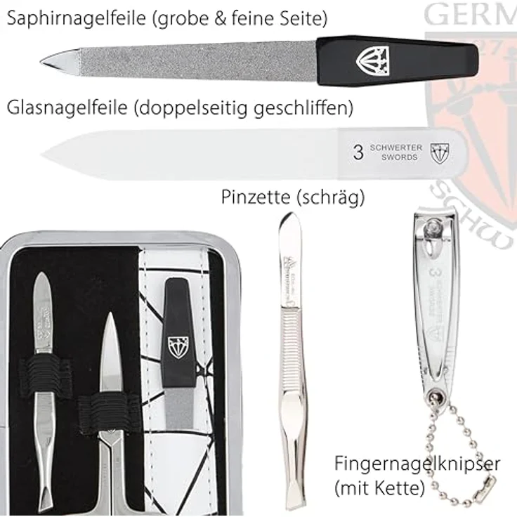 DREI SCHWERTER 6-tlg. 'Genova' Maniküreset in Kunstleder Spiderlook | enthält Nagelschere, Hautschere, Nagelknipser, Glasnagelfeile, Pinzette, Saphirnagelfeile – Bild 3