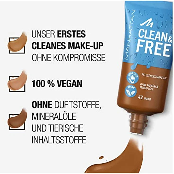 Manhattan Clean & Free Skin Tint Fb. 42 Mocha, feuchtigkeitsspendendes Make-up, vegan, 30 ml – Bild 5