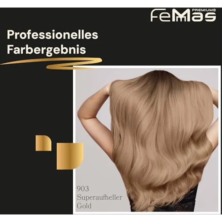FemMas Haarfarbe Superaufheller 3x Gold 903, Creme Haarfarbe zur Aufhellung um bis zu 5 Tonstufen, dauerhafte Färbung mit Arganöl und Keratin, 100 ml – Bild 2
