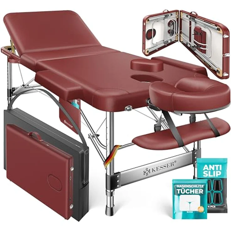 KESSER® Massageliege 3 Zonen, klappbar und verstellbar bis 250kg, tragbare Kosmetikliege mit Aluminium-Kopfstütze, Armlehne, Anti-Rutsch-Füßen, 60cm, Bordeaux – Bild 1
