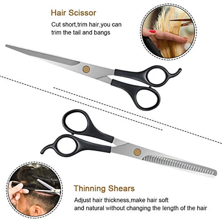 URAQT Haarschere Set, 2 Professionelle Scheren mit Effilierer und Kamm, Ergonomisches Design, Edelstahl, Schwarz – Bild 4