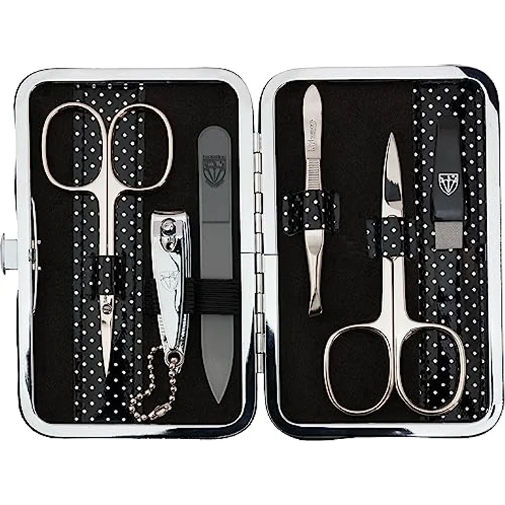 DREI SCHWERTER Maniküreset 'Genova' 6-tlg. aus schwarz gepunktetem Kunstlackleder, inklusive Nagelschere, Hautschere, Nagelknipser, Glasnagelfeile, Pinzette, Saphirnagelfeile – Bild 1