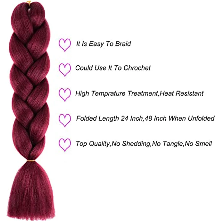 Shangxiu Braids Extensions Weinrot, 3pcs Jumbo Kunsthaar, 24" (60cm), Hitzebeständig, Yaki Textur, DIY Frisuren – Bild 2