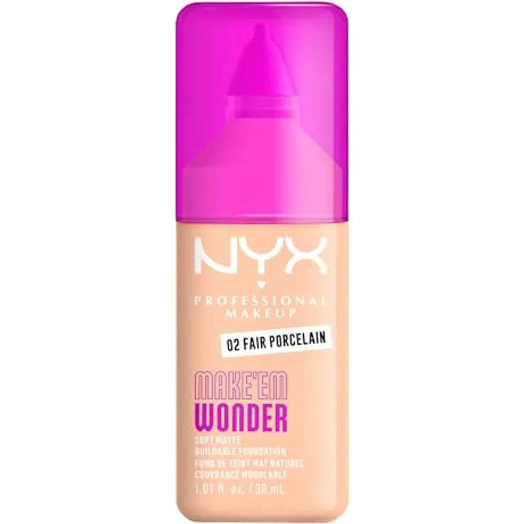 NYX Professional Makeup Make 'EM Wonder Foundation 02 Fair Porcelain, Soft Matte, aufbaubare Formel für ebenmäßigen Hautton