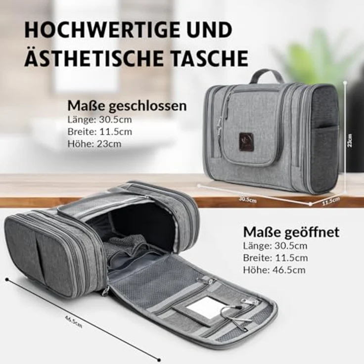 Obics Kulturbeutel Herren & Damen Gross grau 8L XXL - Kulturtasche zum Aufhängen & mit Spiegel - Toiletten-Tasche mit Henkel hängend - Kosmetik-Beutel - Waschtasche 10 Fächer für Camping Reisen – Bild 4