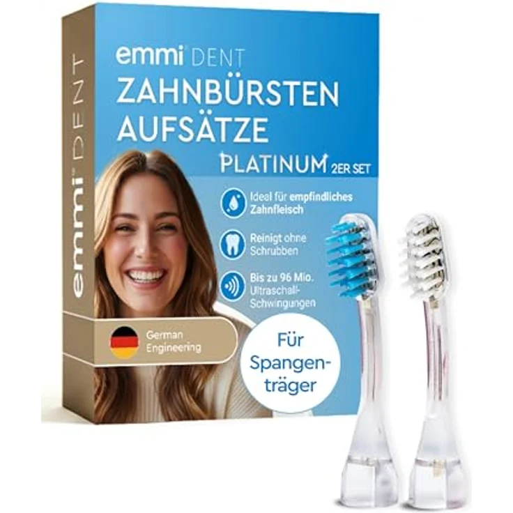 emmi-DENT Ultraschall Aufsteckbürsten PM2, 2er Set in Blau & Rot, Ersatzbürsten für Platinum Zahnbürste, sanfte Reinigung für Spangenträger, kompatibel mit emmi-DENT Ultraschall Platinum-Serie – Bild 1