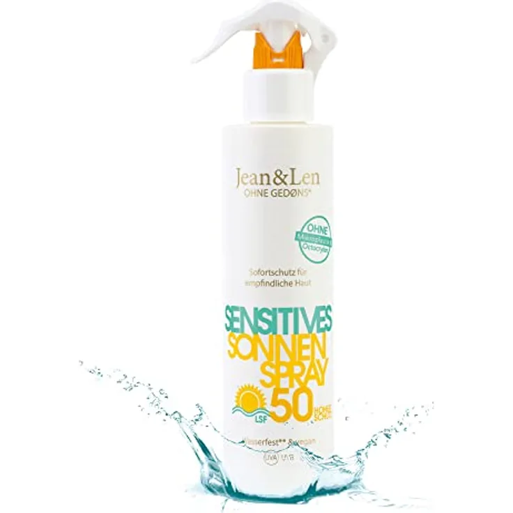 Jean & Len Sensitiv Sonnenspray 50 LSF wasserfest, für empfindliche Haut geeignet, ohne Silikone, Octocrylen, Duftstoffe & Mikroplastik, vegan, Sprühflasche 250 ml