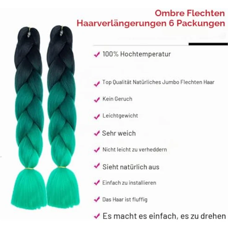 Shangxiu Box Braids Haarverlängerung, 24" (60 cm) grüne Kunsthaare aus hochwertiger, hitzebeständiger Faser, 6 Stück pro Paket – Bild 5