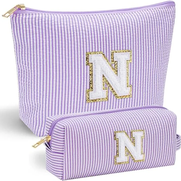 Parima Kosmetiktasche 2er Set, personalisierte Make Up Tasche in Lila mit Buchstaben N, praktische Aufbewahrung für Kosmetika, ideales Geburtstagsgeschenk für Frauen