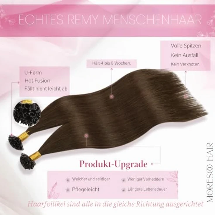Moresoo Echthaar Extensions Bondings U Tip Keratin, Dunkelbraun #4, 50g, 60 cm Haarverlängerung – Bild 2