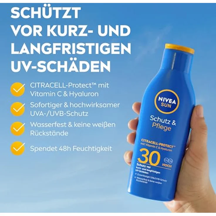 NIVEA SUN Schutz & Pflege Sonnenlotion LSF 30, wasserfester Sonnenschutz mit Vitamin C & Hyaluron, 48h Feuchtigkeit, ohne weißen Film, 200 ml – Bild 2