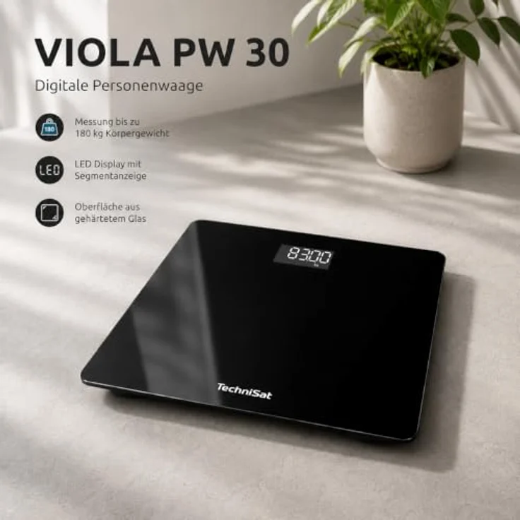 TechniSat VIOLA PW 30, Digitale Personenwaage bis 180 kg, LED-Display, Automatische Einschaltung, gehärtetes Sicherheitsglas – Bild 3