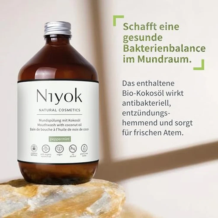 Niyok Mundspülung - Pfefferminze, 500ml 2er Pack, mit antibakteriellem Bio-Kokosöl, vegan, plastikfreie Glasflasche – Bild 4