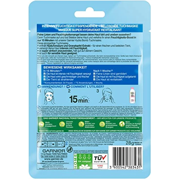 Garnier Tuchmaske, Gesichtsmaske für feuchtigkeitsbedürftige Haut, Revitalisierend und feuchtigkeitsspendend, Mit Hyaluronsäure und Granatapfel-Extrakt, Hydra Bomb, 28 g – Bild 4
