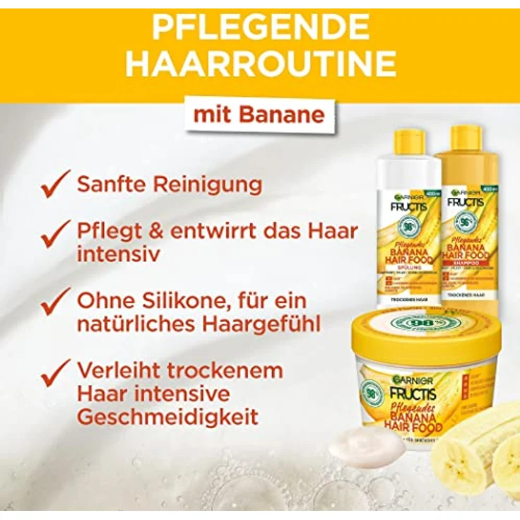 Garnier Banana 3in1 Haarmaske für trockenes Haar, Leave In für intensive Pflege und Geschmeidigkeit, Vegane Formel mit natürlichen Inhaltsstoffen, Fructis Hair Food, 1 x 400 ml – Bild 4