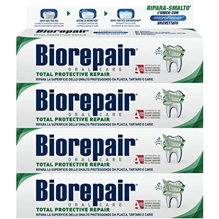 Biorepair, Zahnpasta Total Protective Repair, 4 Packungen à 60 ml, repariert Nagellack, schützt vor Plaque, Zahnstein und Karies, repariert Nagellack, hält frischen Atem, Zahnpasta ohne Fluorid