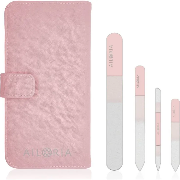 AILORIA CONTOUR PRIME Glasnagelfeile Set, 4-tlg., mikrofeine Schleifflächen für sanfte Nagelpflege, farblich passendes Etui