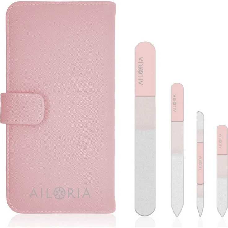 AILORIA CONTOUR PRIME Glasnagelfeile Set, 4-tlg., mikrofeine Schleifflächen für sanfte Nagelpflege, farblich passendes Etui