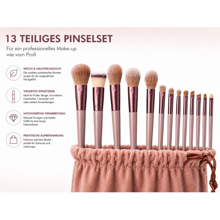 R2 Invest Kosmetikpinsel-Set 13-teilig mit Aufbewahrungsbeutel, rosa, für präzises Make-up und vielseitige Anwendung