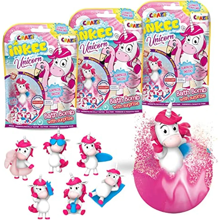 INKEE UNICORN BEACH | 3er Set Einhorn Badekugeln mit Überraschung, Popcorn-Duft, bunter Schaum, 3x 100g – Bild 2