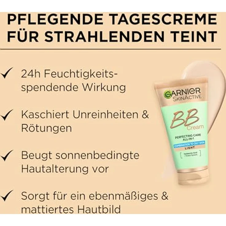 Garnier Miracle Skin Perfector BB Cream, ölfreie Gesichtscreme für Misch- und ölige Haut, mattierende Formel mit Lichtschutzfaktor 25, hell – Bild 4