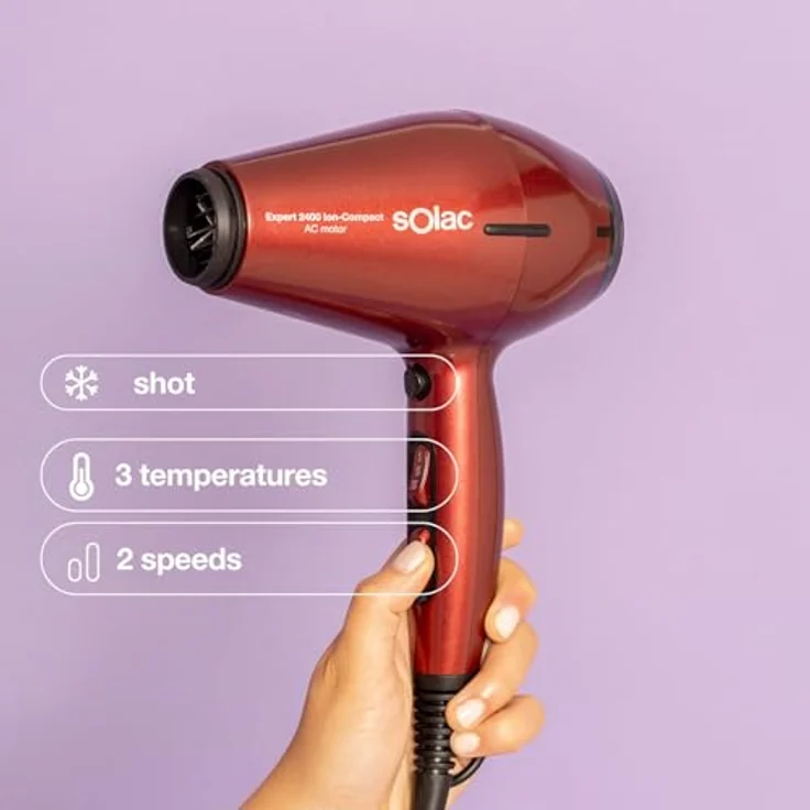 Solac Expert 2400 Ion-Compact, Professioneller Haartrockner mit 2400W, 6 Temperatur- und Geschwindigkeitsstufen, Ion-Power, ultrakompaktem Design, Zubehör: Konzentrator + Diffusor, Rot – Bild 3