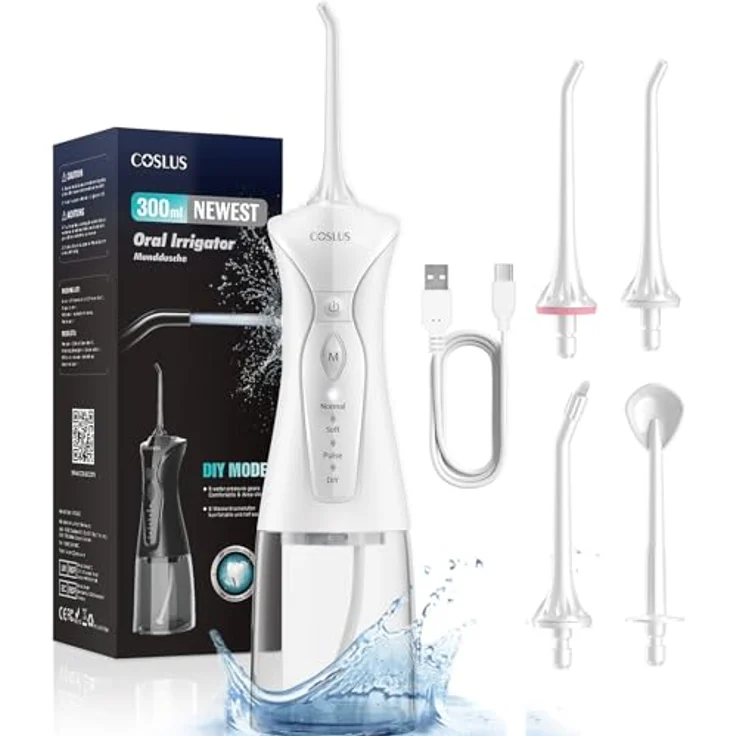 COSLUS Kabellose Munddusche, Elektrischer Zahnreiniger mit 4 Modi, 300ml Wassertank, IPX7 Wasserdicht, Ergonomisches Design, Tiefenreinigung für empfindliches Zahnfleisch – Bild 1