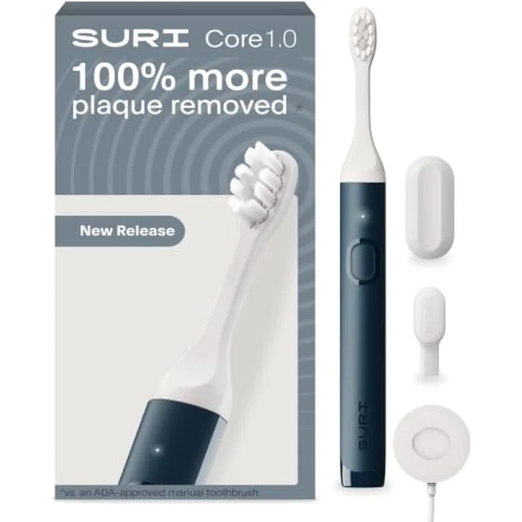 SURI Core Sonic Elektrische Zahnbürste, bis zu 4 Wochen Akku, Drucksensor, 2-Minuten-Timer, pflanzliche Köpfe, Blau – Bild 1