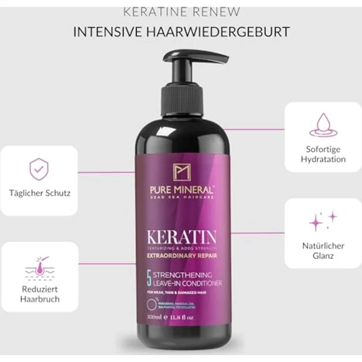M PURE MINERAL DEAD SEA COSMETICS Pure Mineral - Keratin-Conditioner ohne Ausspülen, feuchtigkeitsspendend, entwirrend, schützend, ohne Sulfate, Parabene, Petrolate, 350ml – Bild 2