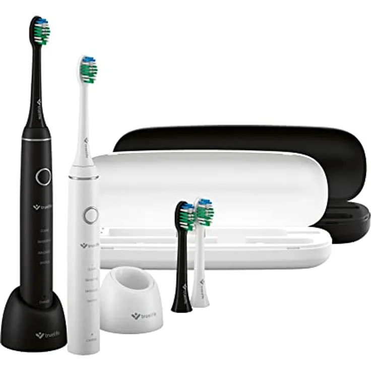 TrueLife SonicBrush Compact Duo Set mit zwei Sonic Bürsten, 2 Reisehüllen, 2 Ladestationen und 4 Standardbürstenköpfe in der Packung, 4 Reinigungsmodi, 70 000 Bewegungen pro Minute