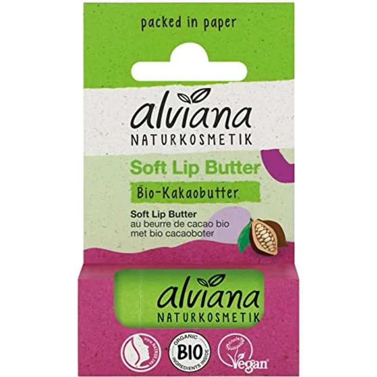 Alviana Soft Lip Butter 5G, vegane Lippenpflege mit Bio-Kakaobutter und Bio-Jojobaöl, schützend und feuchtigkeitsspendend