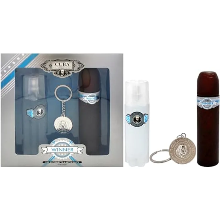 Cuba Cuba Winner 3-teiliges Herren Geschenkset, 100 ml EDT Spray, 100 ml After Shave, mit Schlüsselkette, holziger Duft