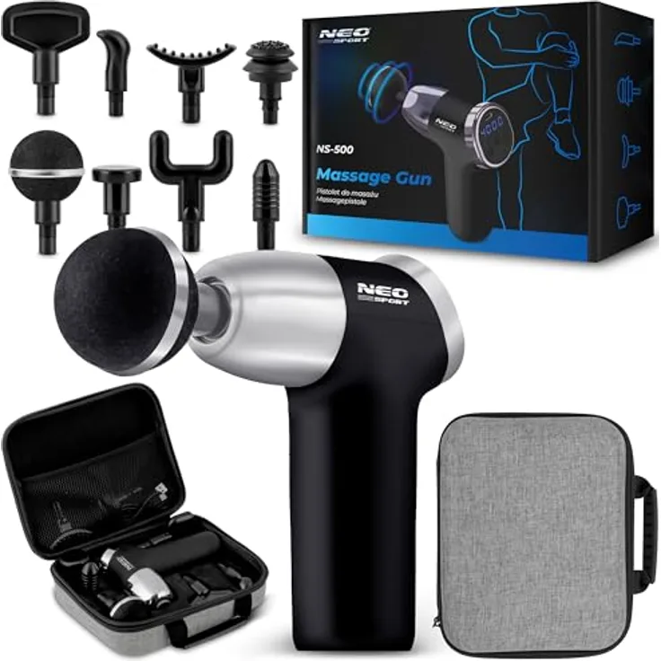 Neo-Sport Massagepistole, Massage Gun mit 8 Aufsätzen, leistungsstark und leise, Schwarz/Silber