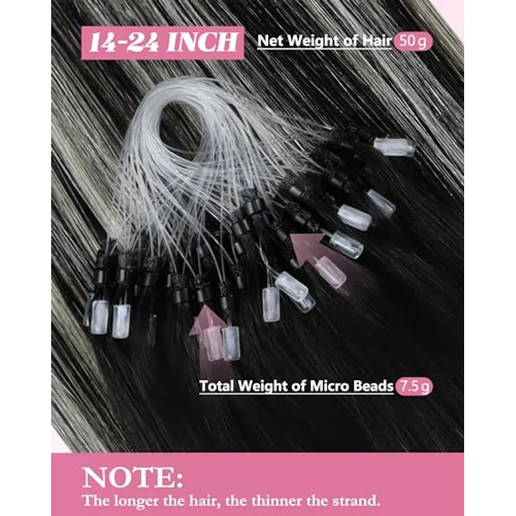 YoungSee Microring Extensions Echthaar Silber 55 cm, Micro Loop Extensions Ombre, Remy Echthaar, 50g, unsichtbare Kaltfusions-Extensions für Damen – Bild 3
