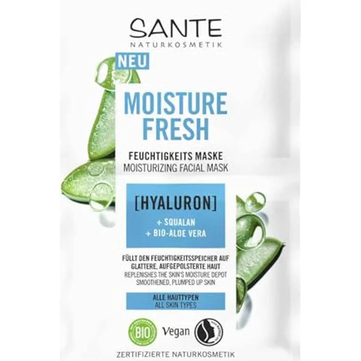 Sante Naturkosmetik Moisture Fresh Feuchtigkeitsmaske mit Hyaluron, Squalan & Bio-Aloe Vera, nährende Gesichtsmaske für geschmeidige Haut, 2x4ml