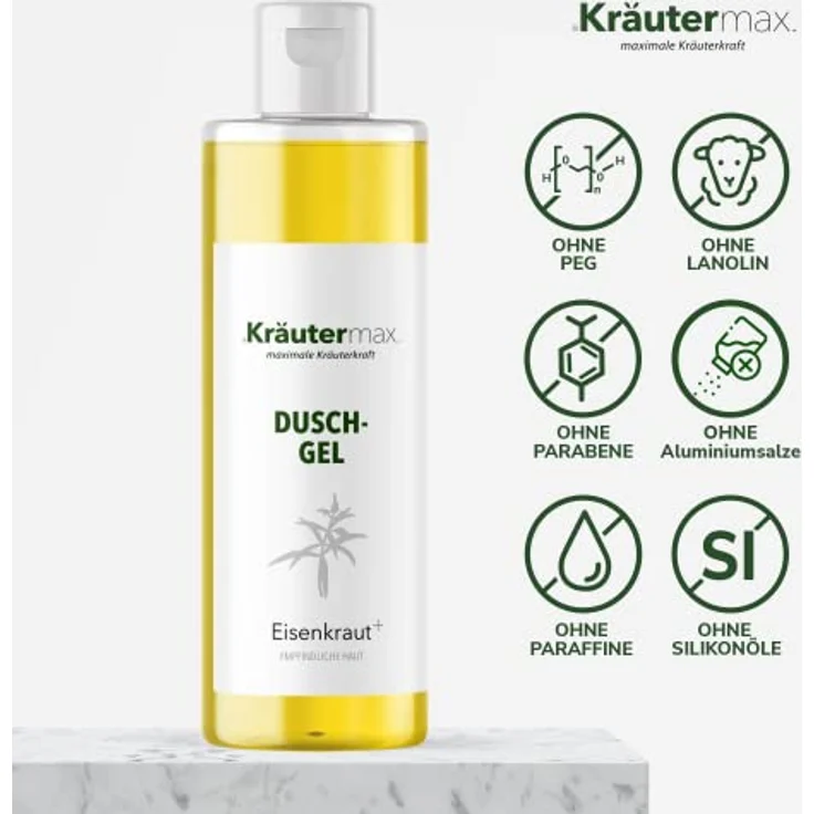 Kräutermax. Eisenkraut Duschgel auch als Shampoo Seife Flüssig und Flüssigseife, 250 ml mit Eisenkraut Extrakt, Lemongrasöl und Meersalz, natürliche Pflege für jeden Hauttyp, ohne Paraffine und Vaseline, ohne synthetische Duft- und Farbstoffe – Bild 2