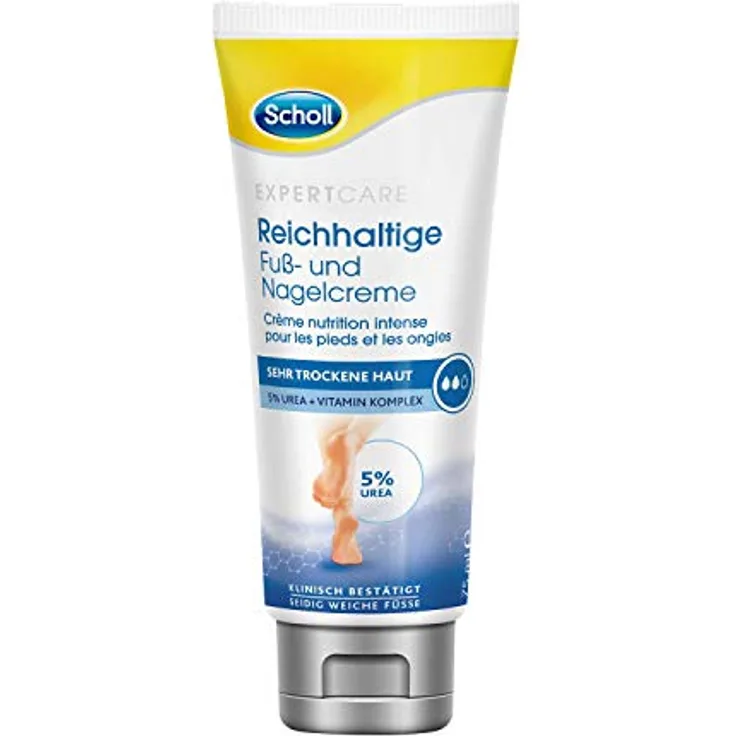 Scholl Reichhaltige Fuß- und Nagelcreme – Feuchtigkeitsspendende Fußcreme für beanspruchte Füße & Fußnägel – Mit Urea & Vitaminkomplex – 1 x 75ml