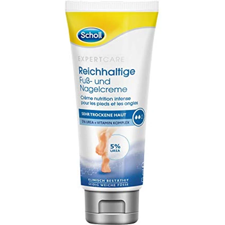 Scholl Reichhaltige Fuß- und Nagelcreme – Feuchtigkeitsspendende Fußcreme für beanspruchte Füße & Fußnägel – Mit Urea & Vitaminkomplex – 1 x 75ml