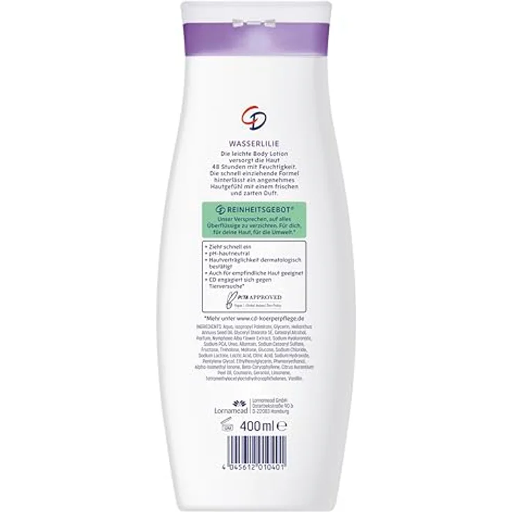 CD Body Lotion Wasserlilie, 400 ml, für normale und trockene Haut, 48h Feuchtigkeit, vegan und pH-hautneutral – Bild 2