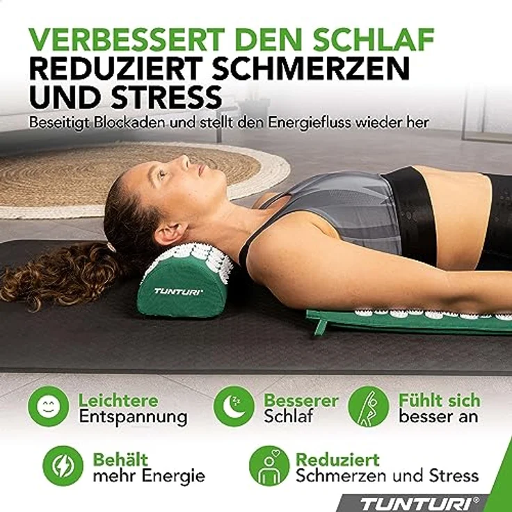 Tunturi Akupressurmatte 2in1 mit Kopfkissen, schmerzlindernd, aus hautfreundlicher Baumwolle, waschbar, inkl. Tragetasche – Bild 2