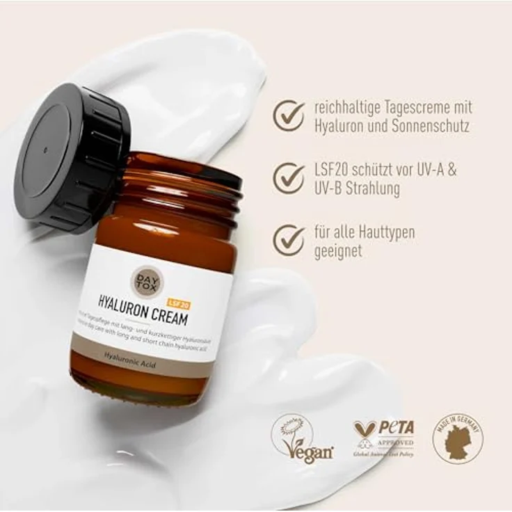 DAYTOX Hyaluron Cream, Gesichtscreme mit LSF 20 & Hyaluron Säure, vegan, ohne Silikone, 50 ml, Made in Germany – Bild 2