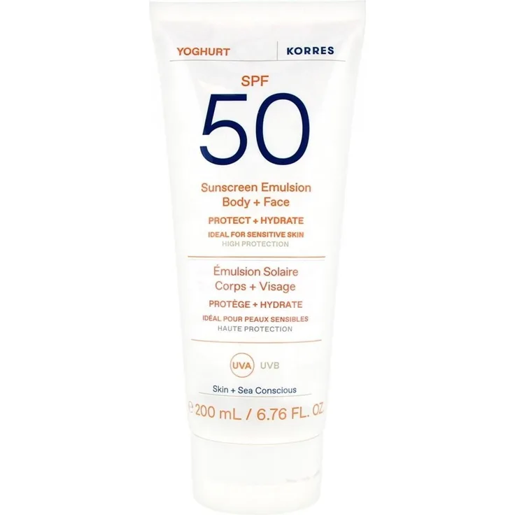 Korres Yoghurt Sunscreen Emulsion, Sonnencreme für Körper und Gesicht mit SPF 50, 200 ml, wasserfest und schnell einziehend
